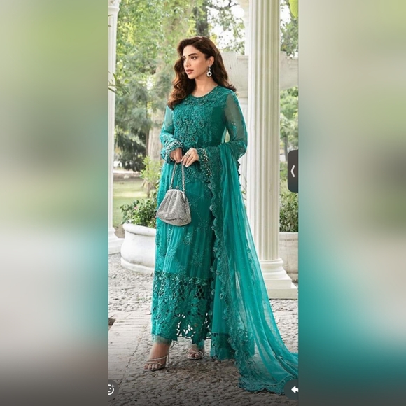 Elegant Teal Embroidered Dress - Picture 3 of 4